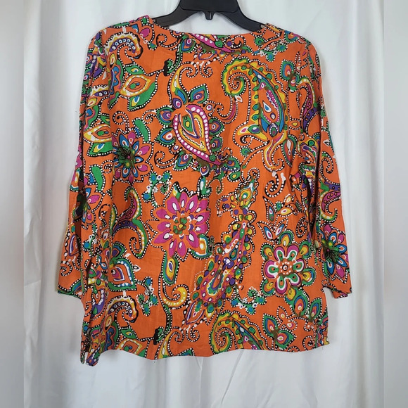 Choices Orange Paisley Print 3/4 Sleeve Button Detail Linen Blouse Size‎ M - Picture 4 of 6